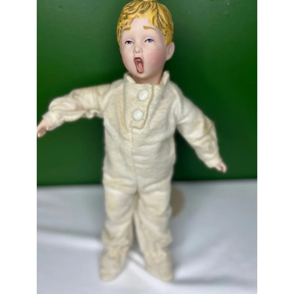 Vintage Porcelain Boy Doll Singing Yawning Open Mouth Cream Sleeper with Stand